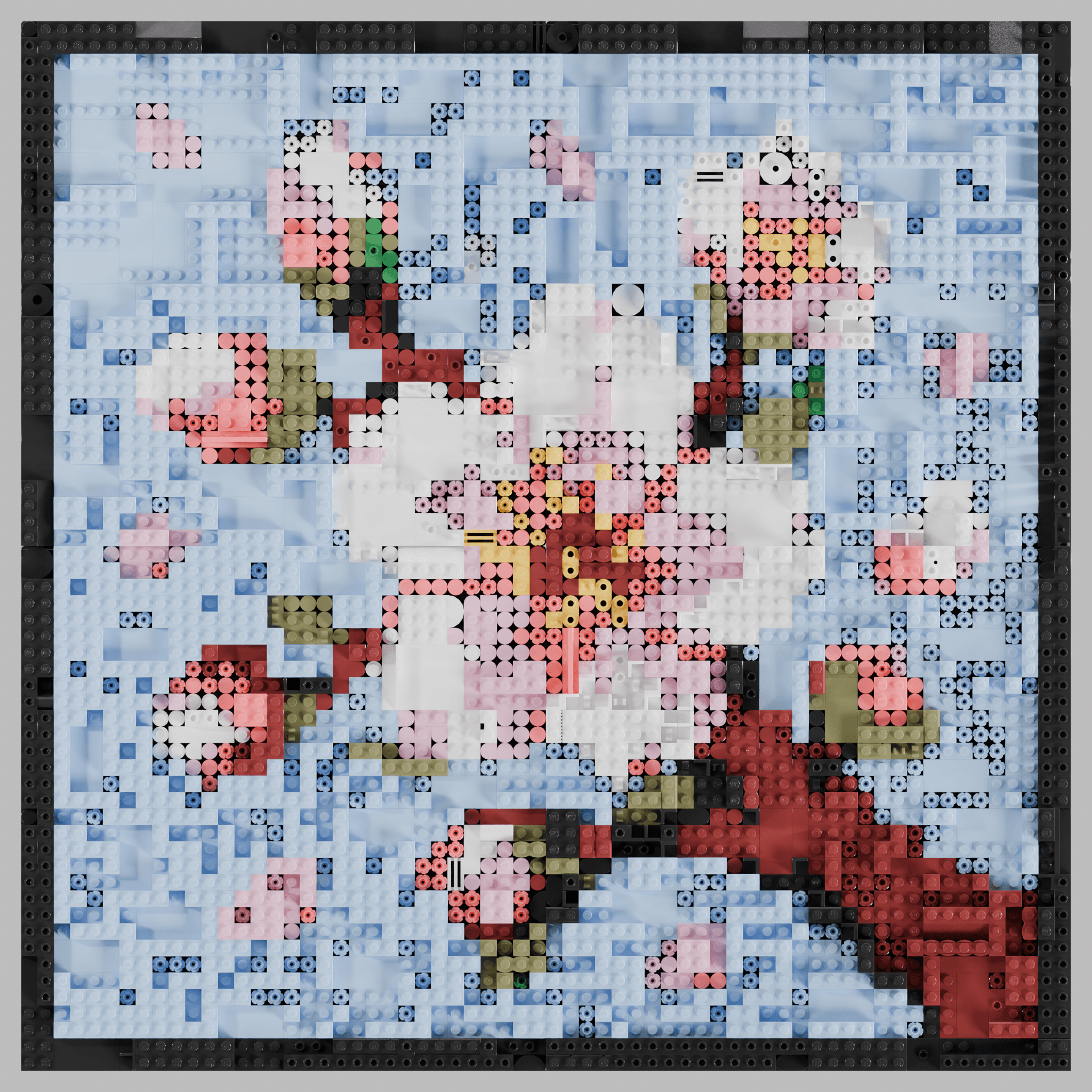 a cherry blossom branch against a pale blue sky, pink petals