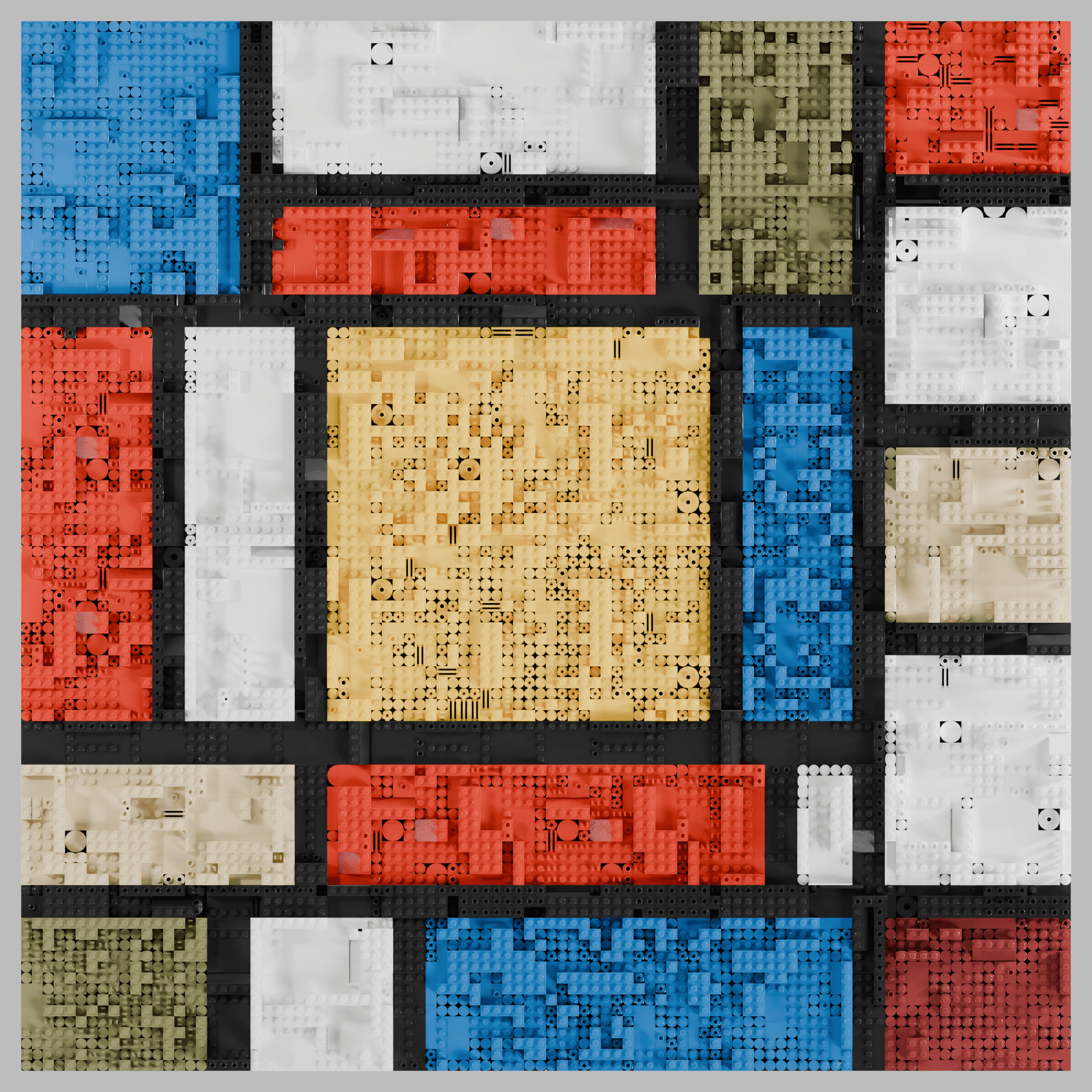 a Mondrian-style geometric composition with primary colors