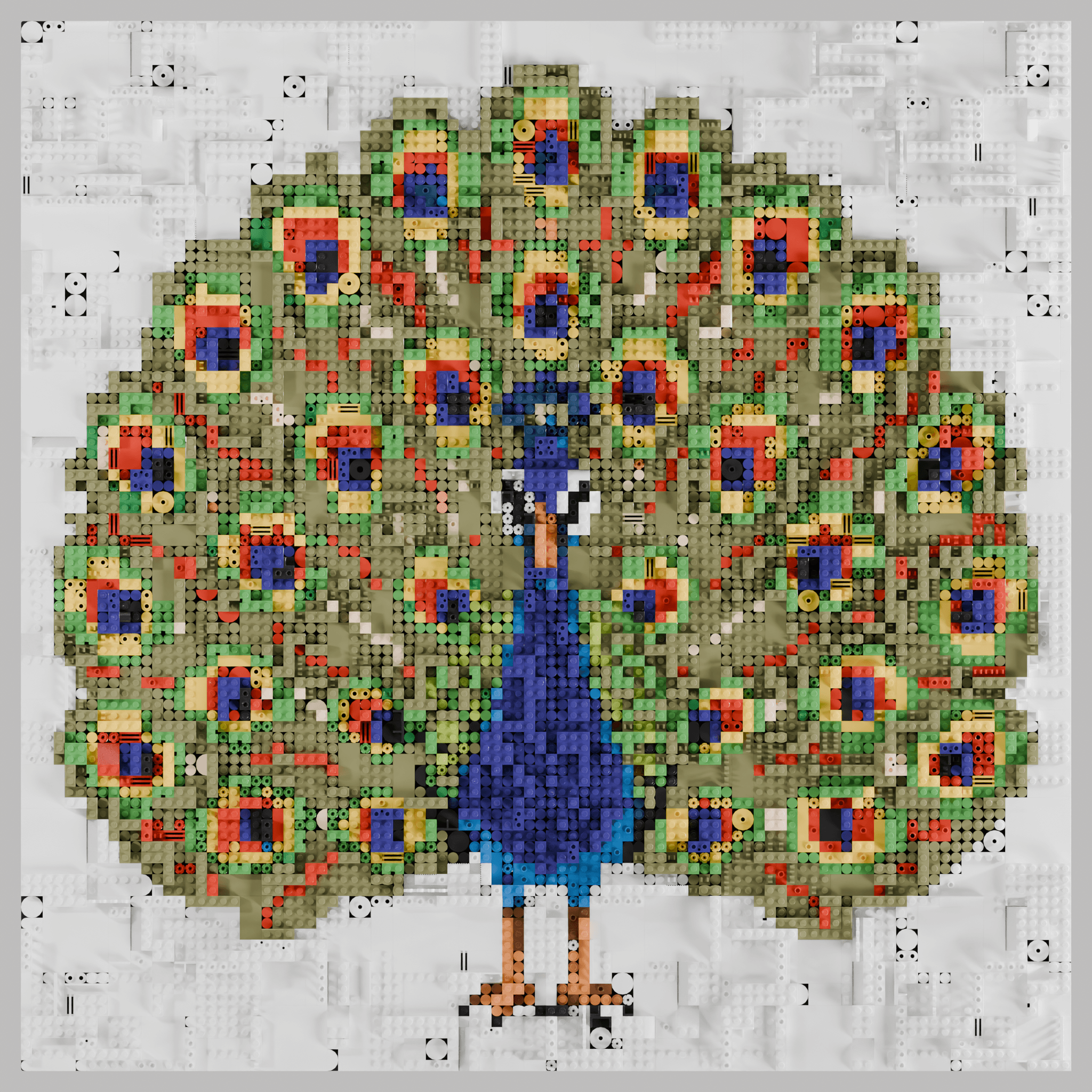 a peacock with its tail fanned, iridescent blues and greens