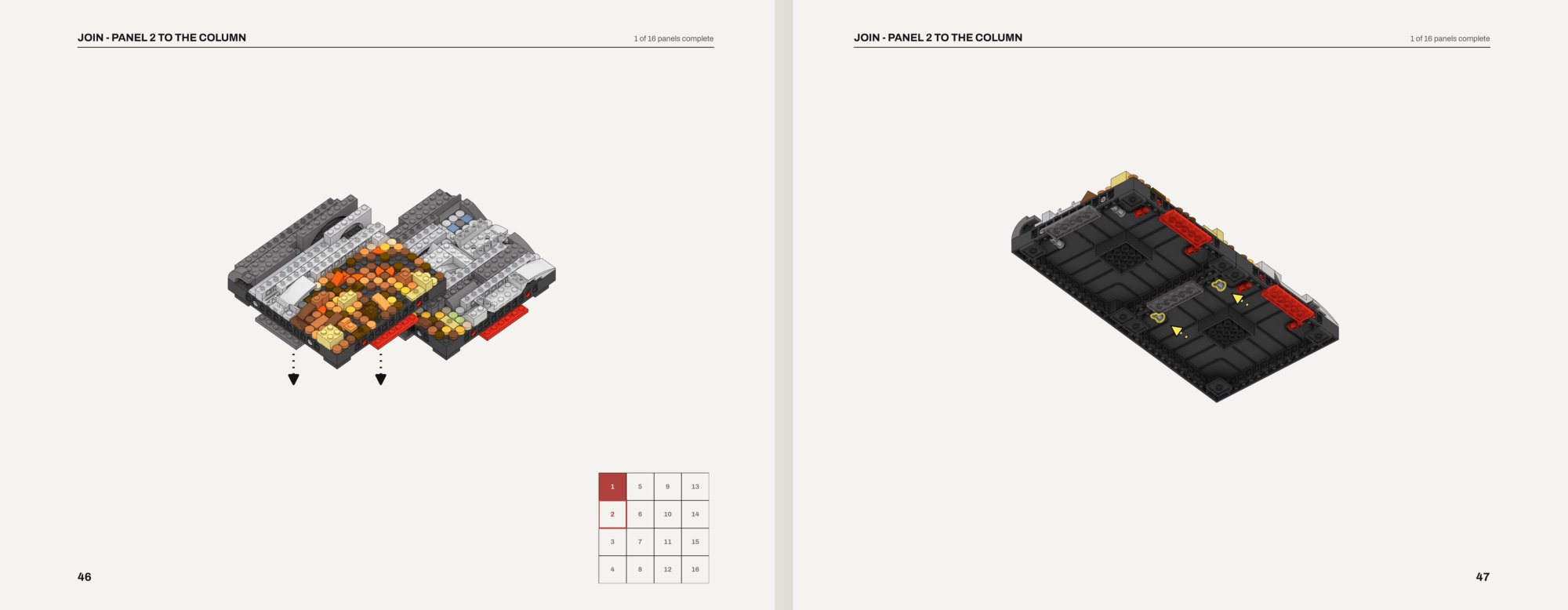 A spread from the example composition's build book, pages 46-47: The first join