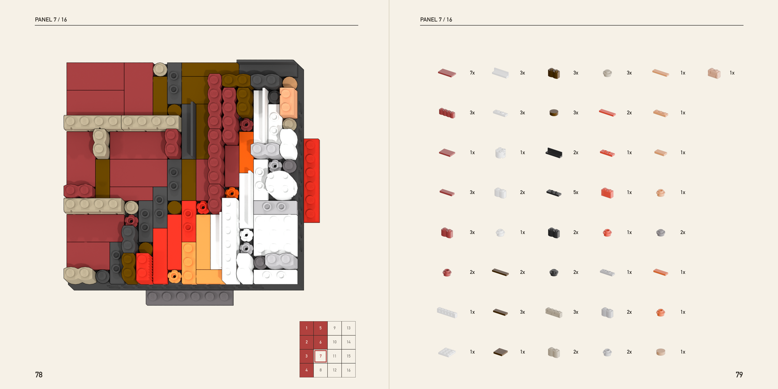 The build book open to panel 7: the placement map and its parts list